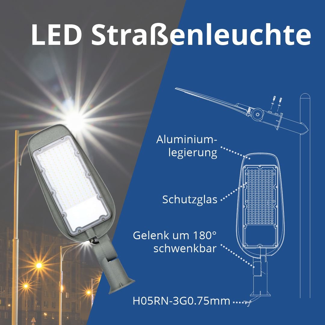 LED-Straßenleuchte, 100 W, 10000 lm, IP65, 6000 K  Lichttechnik24.de.