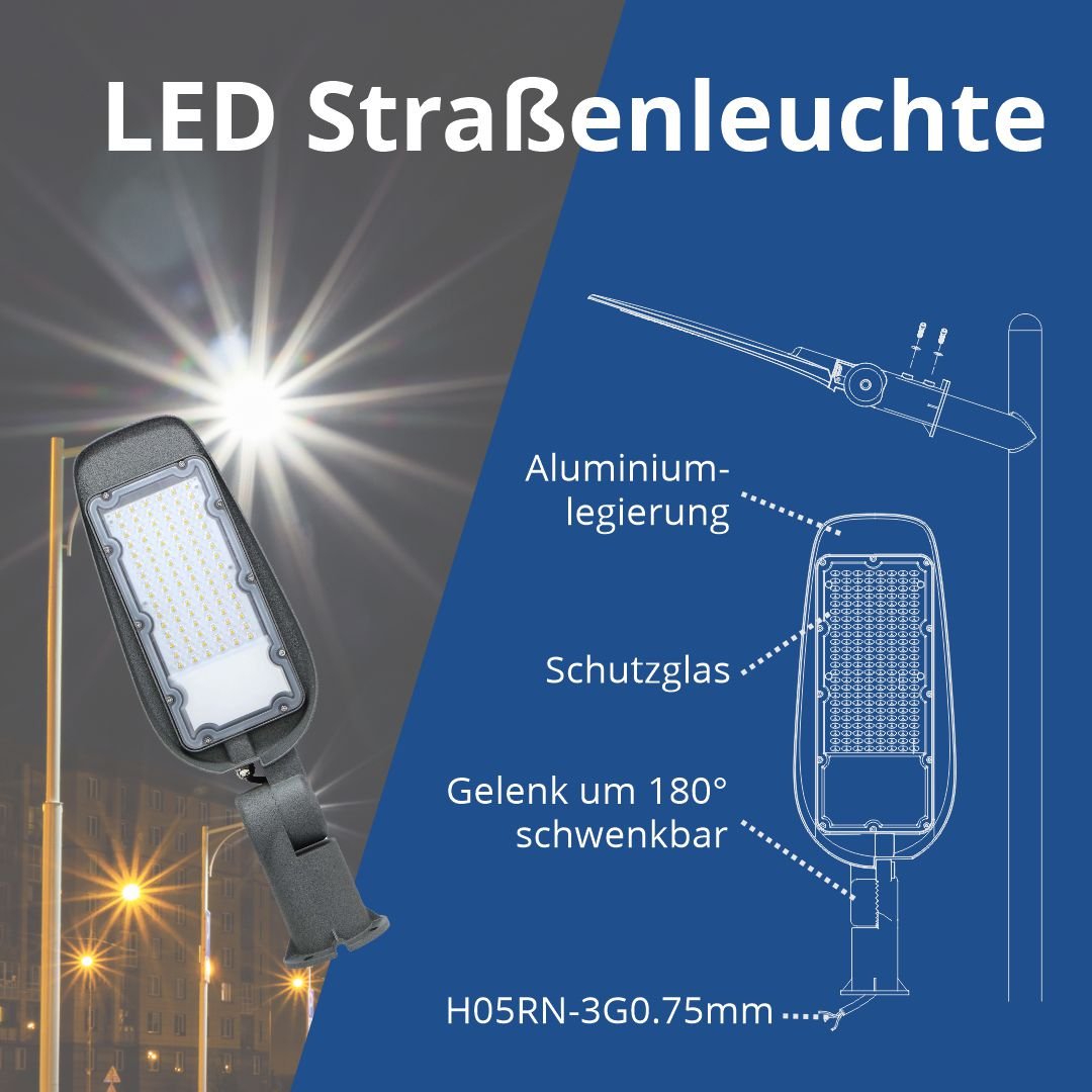LED-Straßenleuchte, 50 W, 5000 lm, IP65, 6000 K  Lichttechnik24.de.