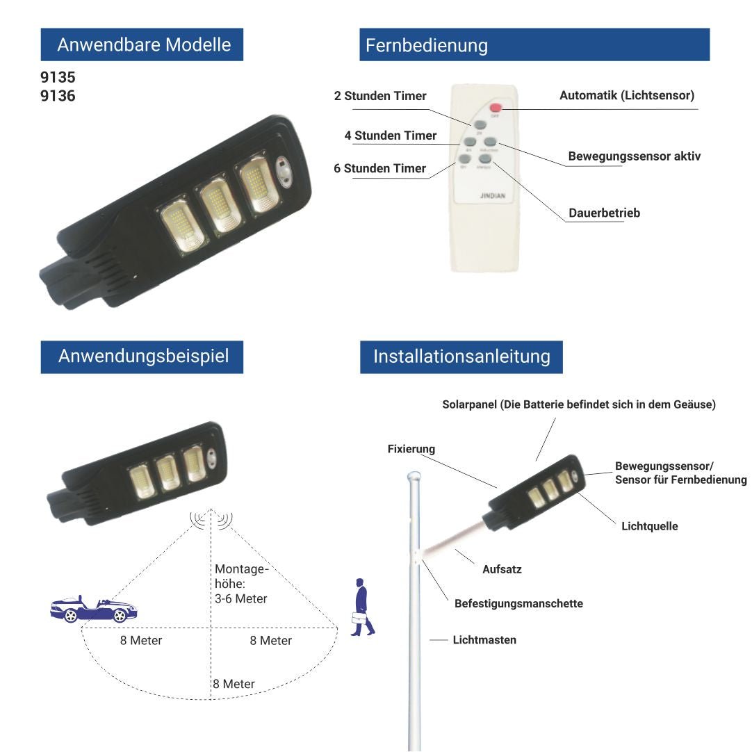 LED-Straßenleuchte, Solar mit Akku, 8 W, 950 lm, 6000K.