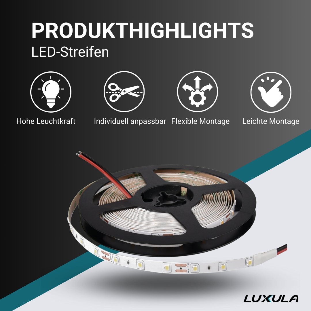 LED-Streifen, 5 m Länge, 2700 K warmweißes Licht, 60 LED/m, 12 V, 8 mm.