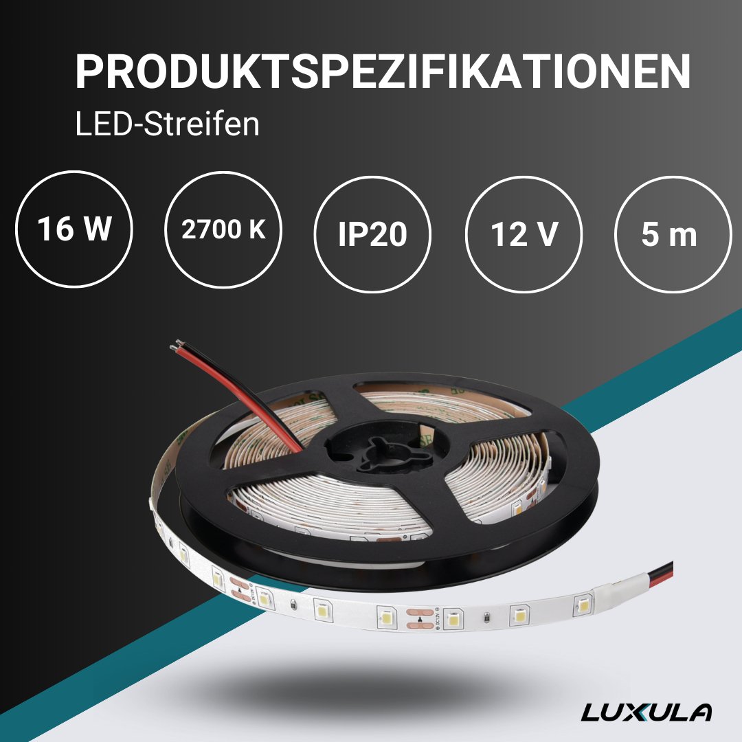 LED-Streifen, 5 m Länge, 2700 K warmweißes Licht, 60 LED/m, 12 V, 8 mm.