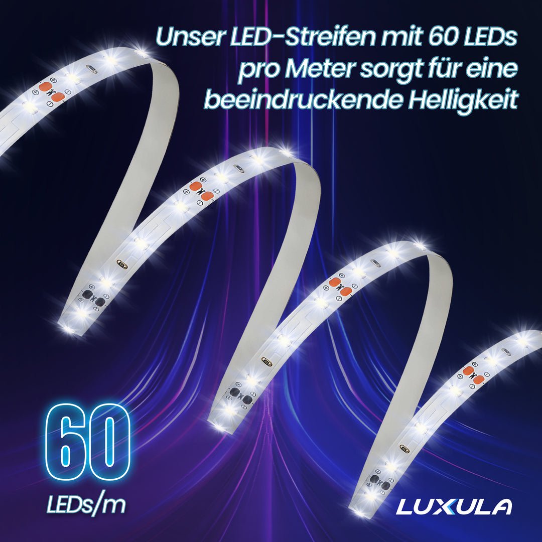 LED-Streifen, 5 m Länge, 2700 K warmweißes Licht, 60 LED/m, 12 V, 8 mm.