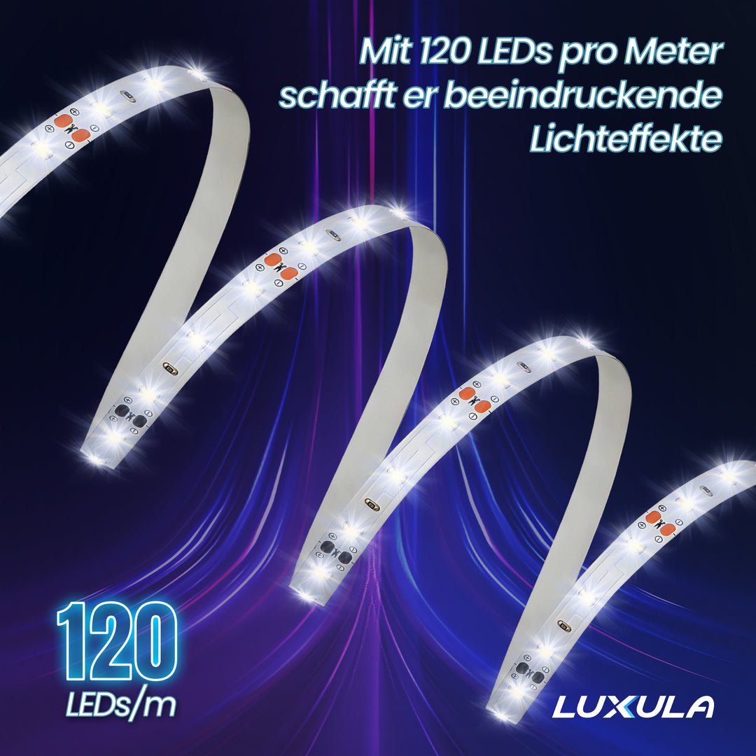 LED-Streifen, 5 m Länge, 4500 K neutralweißes Licht, 120 LED/m, 12 V, 8 mm.