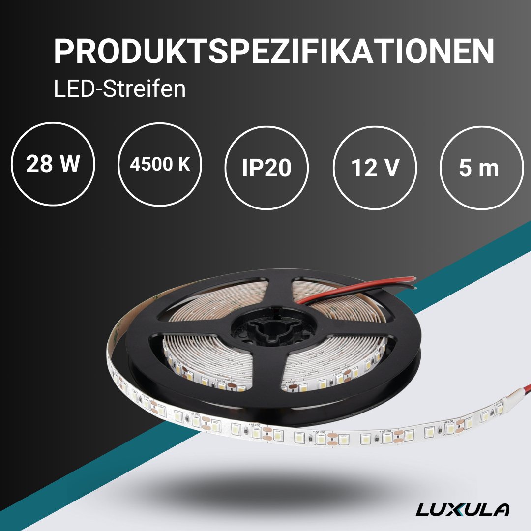 LED-Streifen, 5 m Länge, 4500 K neutralweißes Licht, 120 LED/m, 12 V, 8 mm.