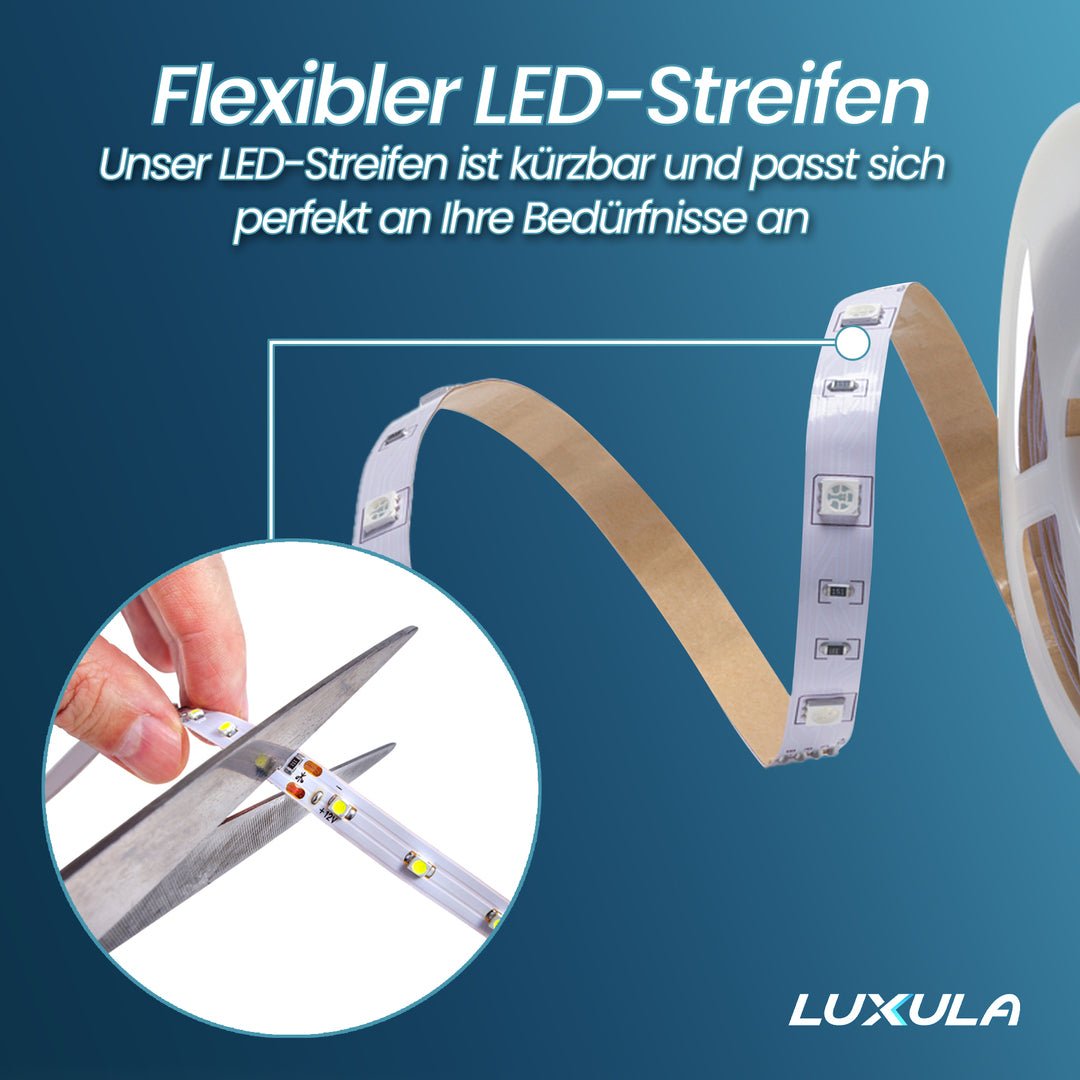 LED-Streifen, 5 m Länge, 4500 K neutralweißes Licht, 120 LED/m, 12 V, 8 mm.