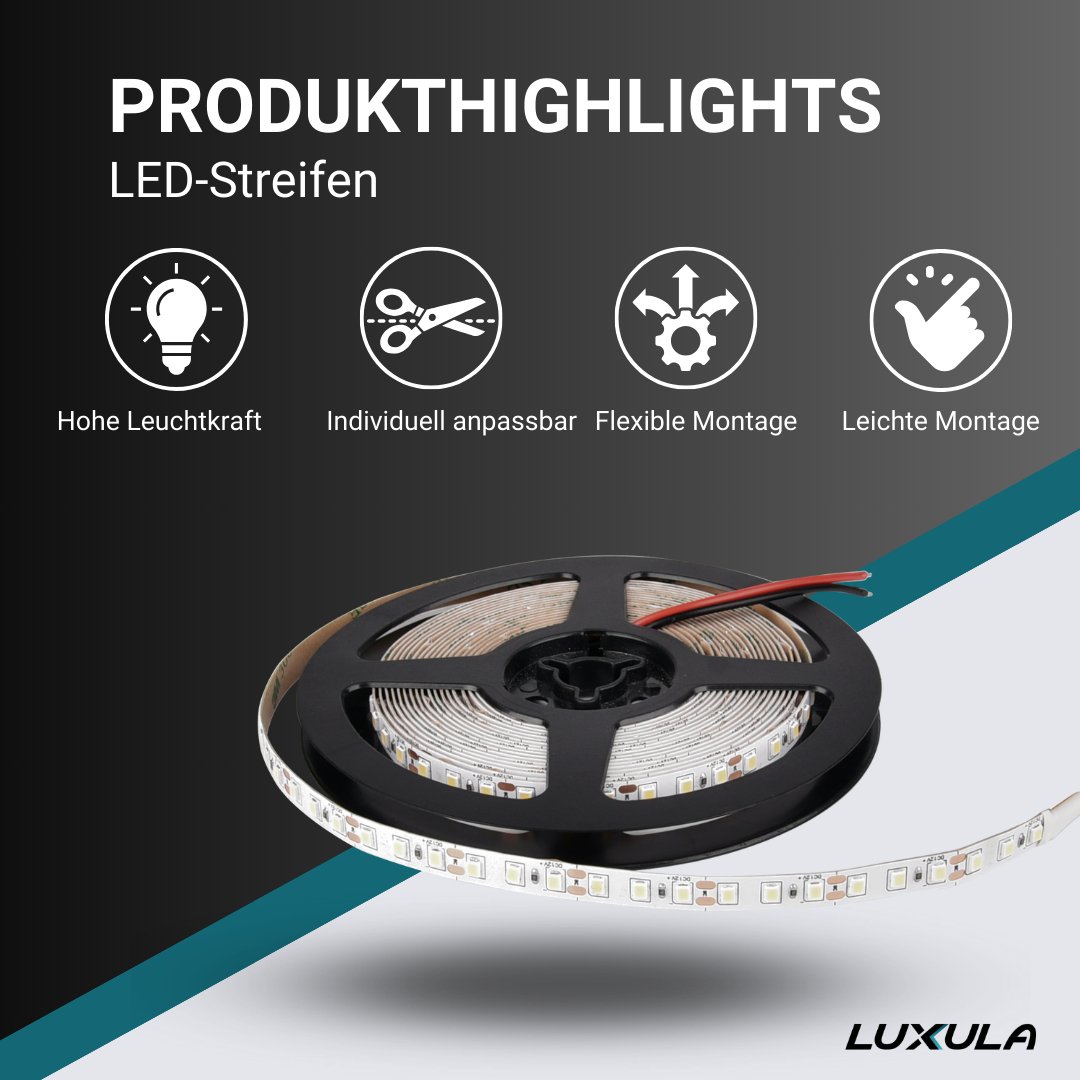 LED-Streifen, 5 m Länge, 4500 K neutralweißes Licht, 120 LED/m, 12 V, 8 mm.