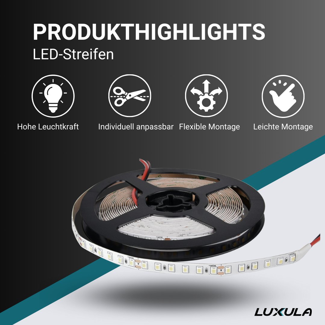 LED-Streifen, 5 m Länge, 4500 K neutralweißes Licht, 120 LED/m, 24 V, 8 mm.