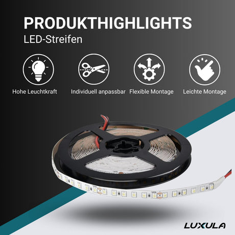 LED-Streifen, 5 m Länge, 4500 K neutralweißes Licht, 120 LED/m, 24 V, 8 mm.
