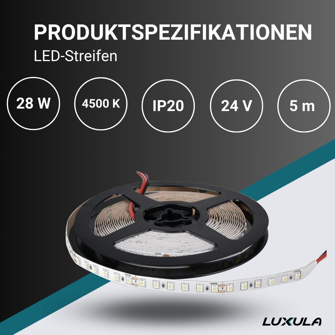 LED-Streifen, 5 m Länge, 4500 K neutralweißes Licht, 120 LED/m, 24 V, 8 mm.