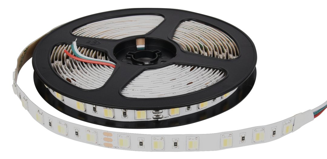 LED-Streifen mit CCT-Funktion, warm-, neutral-, und kaltweißes Licht, 5 Meter Länge, 60LED/m, 24 V, 10 mm.