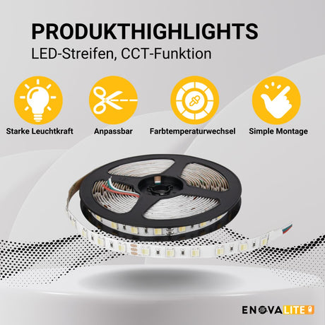 LED-Streifen mit CCT-Funktion, warm-, neutral-, und kaltweißes Licht, 5 Meter Länge, 60LED/m, 24 V, 10 mm.