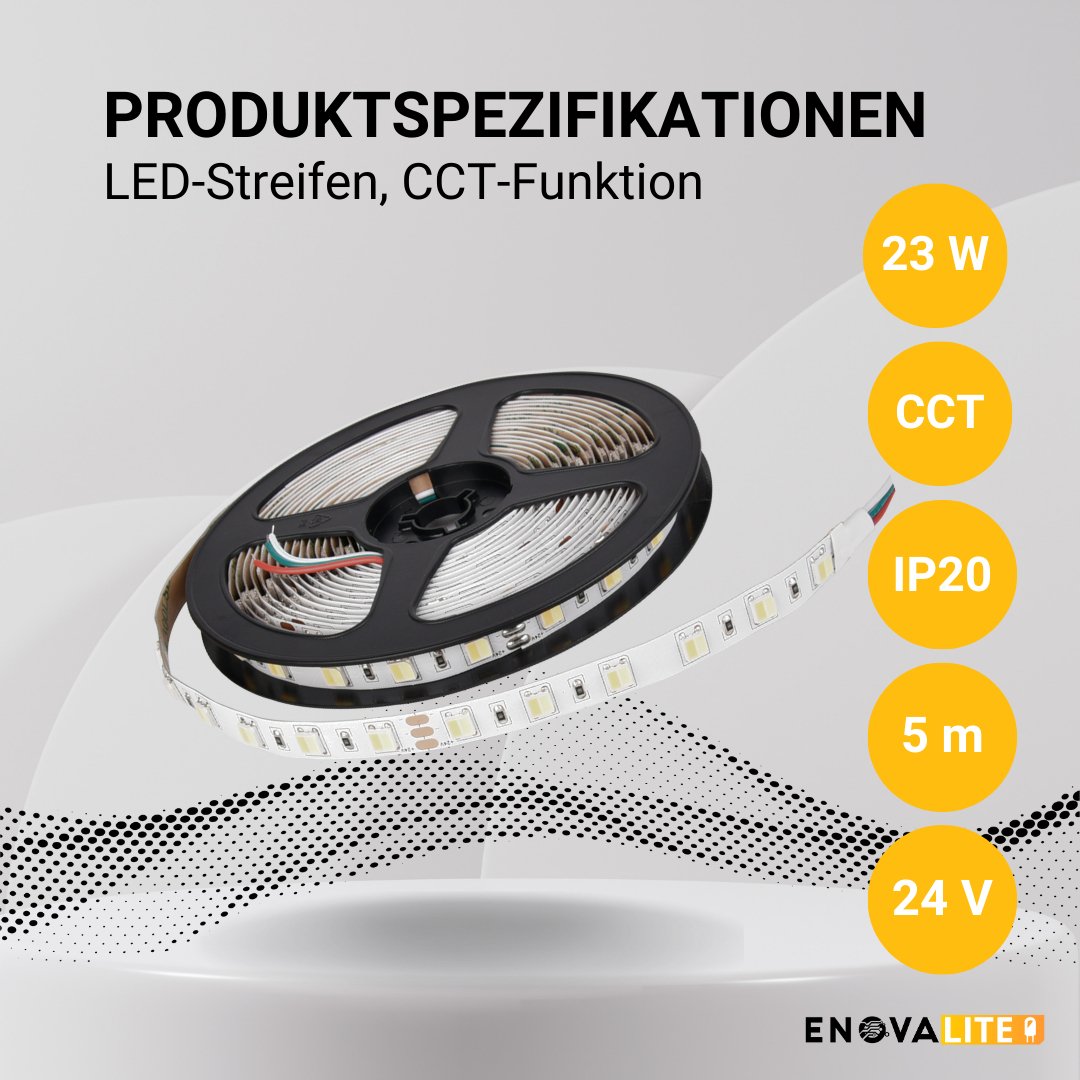 LED-Streifen mit CCT-Funktion, warm-, neutral-, und kaltweißes Licht, 5 Meter Länge, 60LED/m, 24 V, 10 mm.