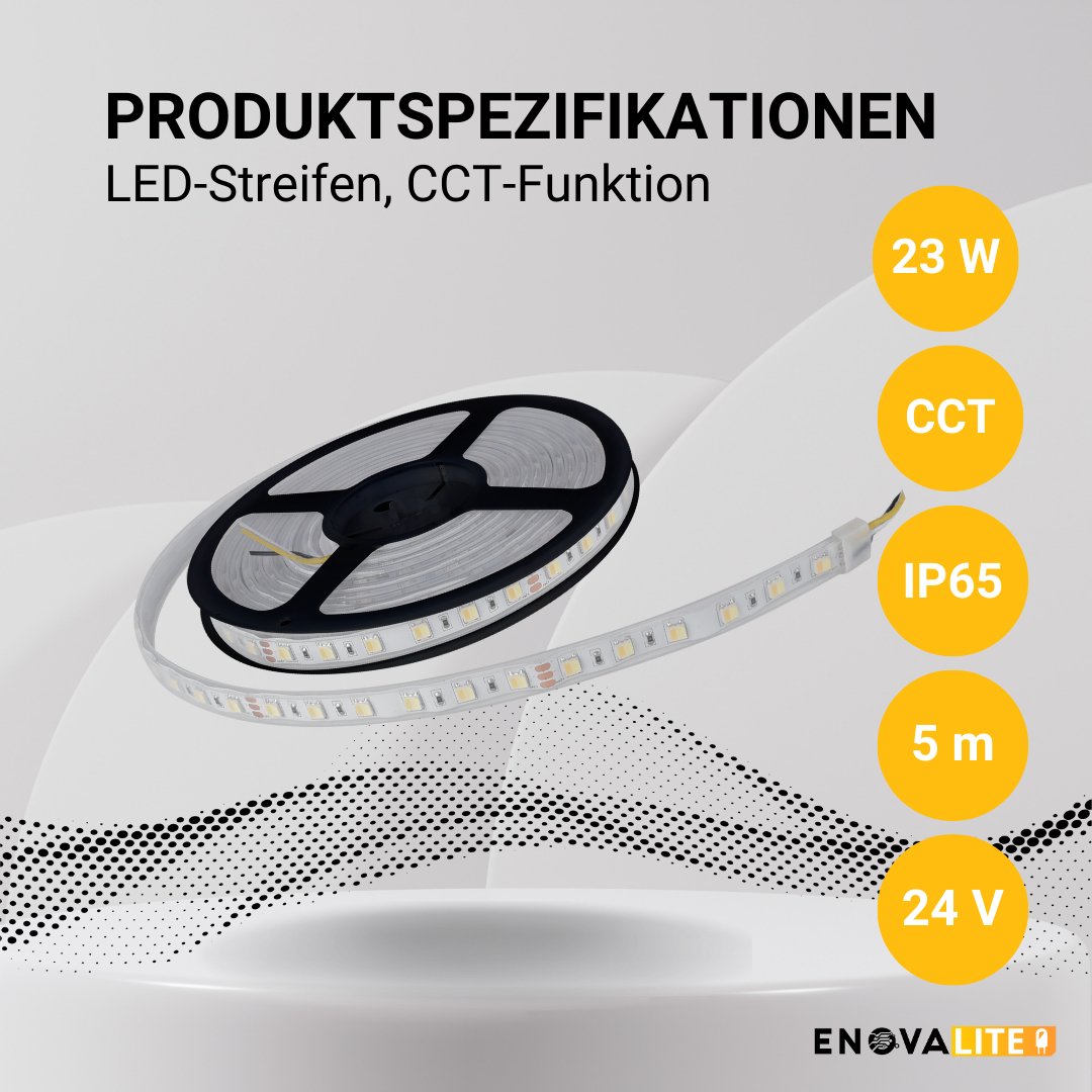 LED-Streifen mit CCT-Funktion, warm-, neutral-, und kaltweißes Licht, 5 Meter Länge, IP65, 60LED/m, 24 V, 10 mm.