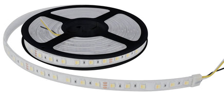 LED-Streifen mit CCT-Funktion, warm-, neutral-, und kaltweißes Licht, 5 Meter Länge, IP65, 60LED/m, 24 V, 10 mm.