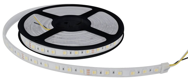 LED-Streifen mit CCT-Funktion, warm-, neutral-, und kaltweißes Licht, 5 Meter Länge, IP65, 60LED/m, 24 V, 10 mm.