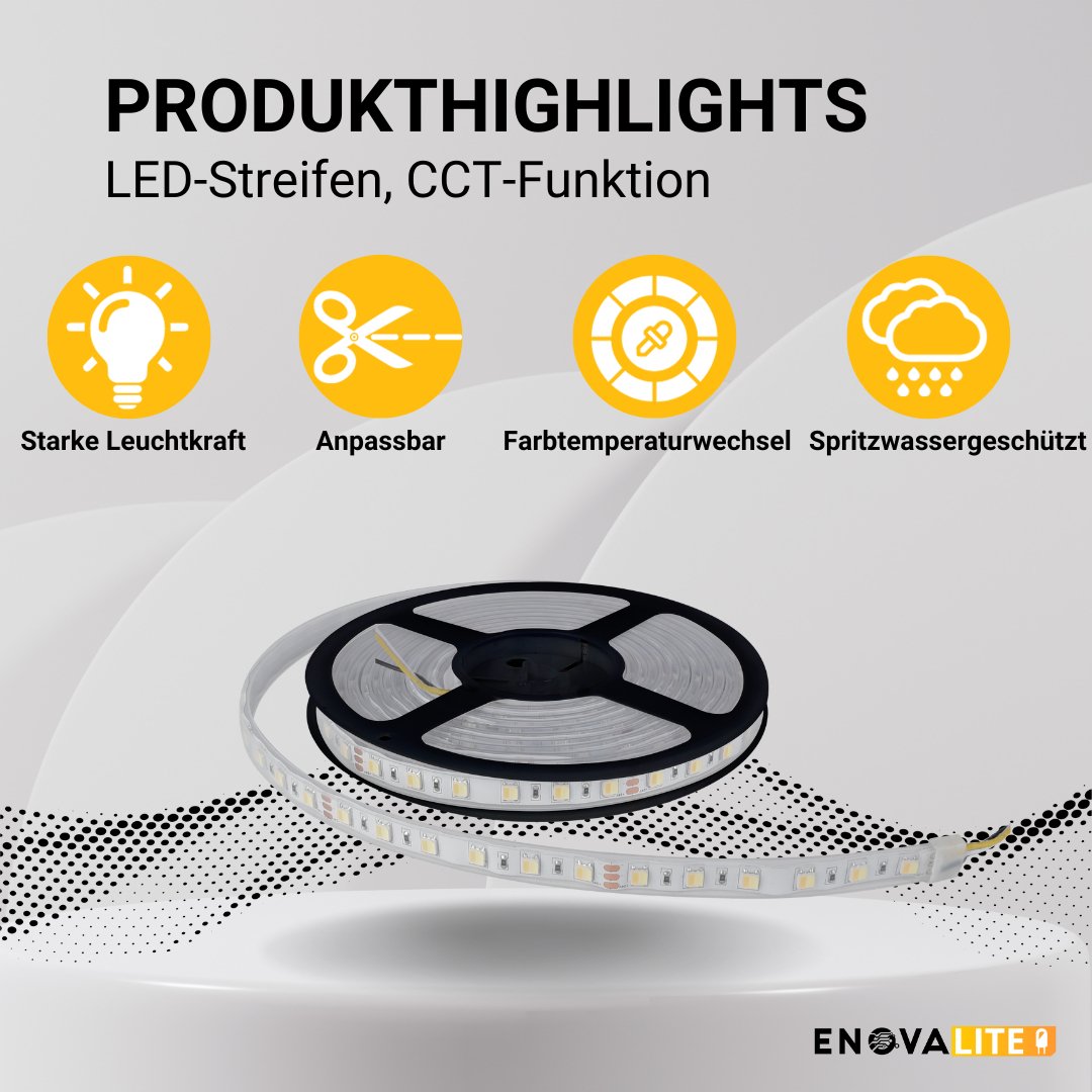 LED-Streifen mit CCT-Funktion, warm-, neutral-, und kaltweißes Licht, 5 Meter Länge, IP65, 60LED/m, 24 V, 10 mm.