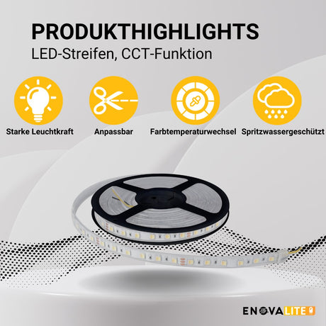 LED-Streifen mit CCT-Funktion, warm-, neutral-, und kaltweißes Licht, 5 Meter Länge, IP65, 60LED/m, 24 V, 10 mm.