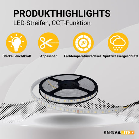 LED-Streifen mit CCT-Funktion, warm-, neutral-, und kaltweißes Licht, 5 Meter Länge, IP65, 60LED/m, 24 V, 10 mm  Lichttechnik24.de.
