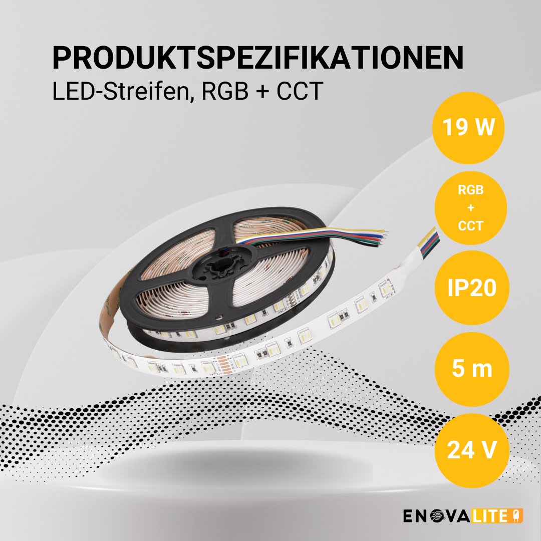 LED-Streifen, RGB und CCT, 5 Meter Länge, 60LED/m, 24 V, 12 mm.