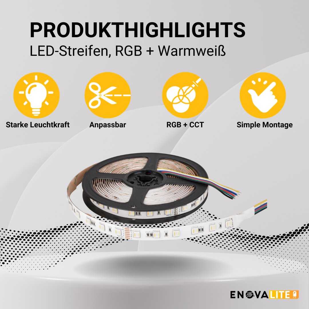 LED-Streifen, RGB und CCT, 5 Meter Länge, 60LED/m, 24 V, 12 mm.