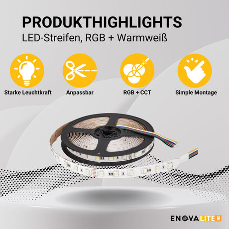 LED-Streifen, RGB und CCT, 5 Meter Länge, 60LED/m, 24 V, 12 mm.