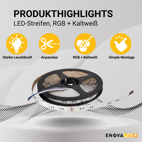 LED-Streifen, RGB und kaltweißes Licht, 5 Meter Länge, 60LED/m, 24 V, 10 mm.