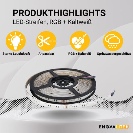 LED-Streifen, RGB und kaltweißes Licht, 5 Meter Länge, IP54, 60LED/m, 24 V, 10 mm.