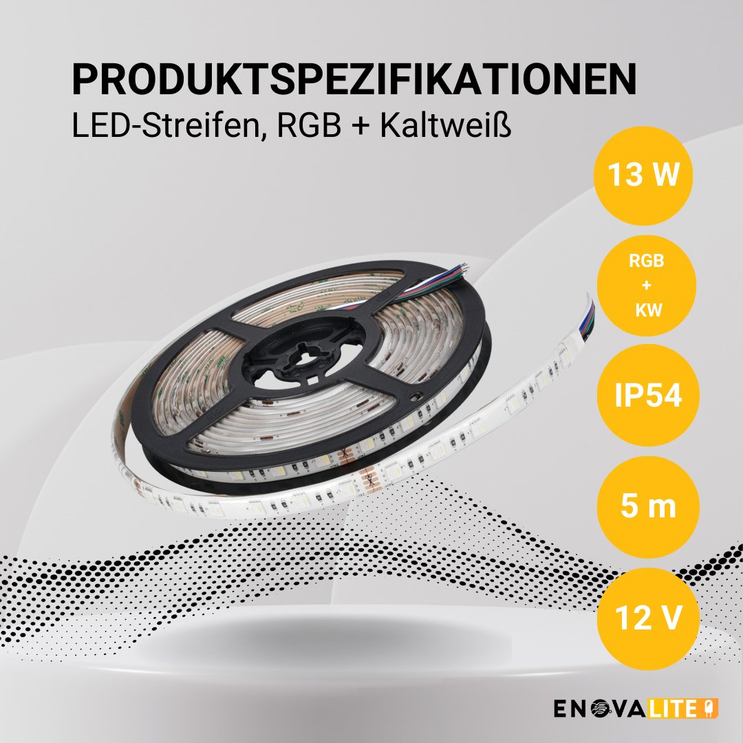 LED-Streifen, RGB und kaltweißes Licht, 5 Meter Länge, IP54, 60LED/m, 24 V, 10 mm.