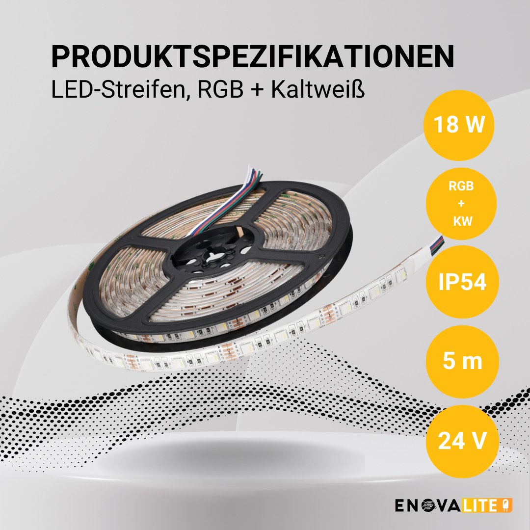 LED-Streifen, RGB und kaltweißes Licht, 5 Meter Länge, IP54, 60LED/m, 12 V, 10 mm.