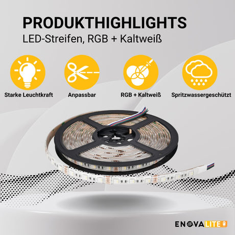 LED-Streifen, RGB und kaltweißes Licht, 5 Meter Länge, IP54, 60LED/m, 12 V, 10 mm.