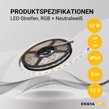 LED-Streifen, RGB und neutralweißes Licht, 5 Meter Länge, IP54, 60LED/m, 12 V, 10 mm  Lichttechnik24.de.