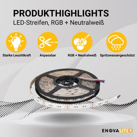 LED-Streifen, RGB und neutralweißes Licht, 5 Meter Länge, IP54, 60LED/m, 12 V, 10 mm.
