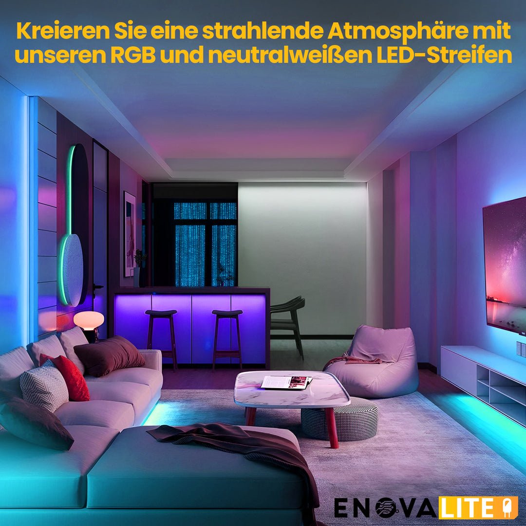 LED-Streifen, RGB und neutralweißes Licht, 5 Meter Länge, IP54, 60LED/m, 12 V, 10 mm.