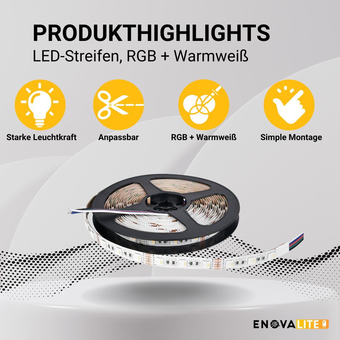 LED-Streifen, RGB und warmweißes Licht, 5 Meter Länge, 60LED/m, 12 V, 10 mm.