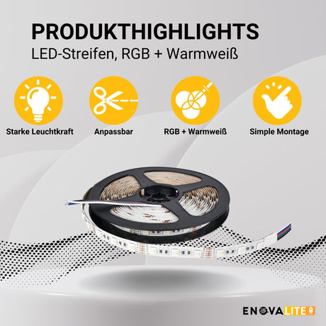 LED-Streifen, RGB und warmweißes Licht, 5 Meter Länge, 60LED/m, 12 V, 10 mm.