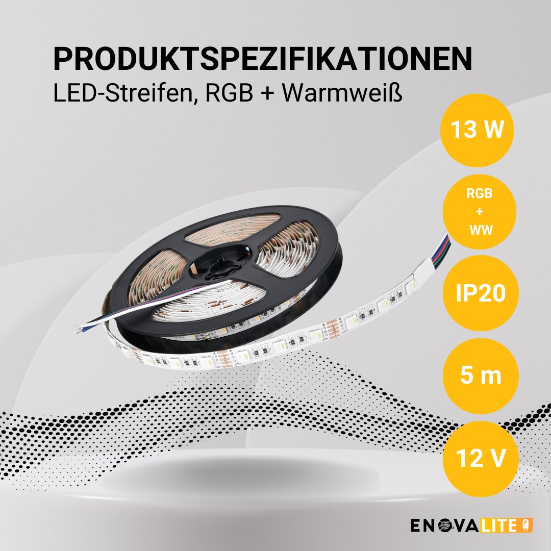 LED-Streifen, RGB und warmweißes Licht, 5 Meter Länge, 60LED/m, 12 V, 10 mm.