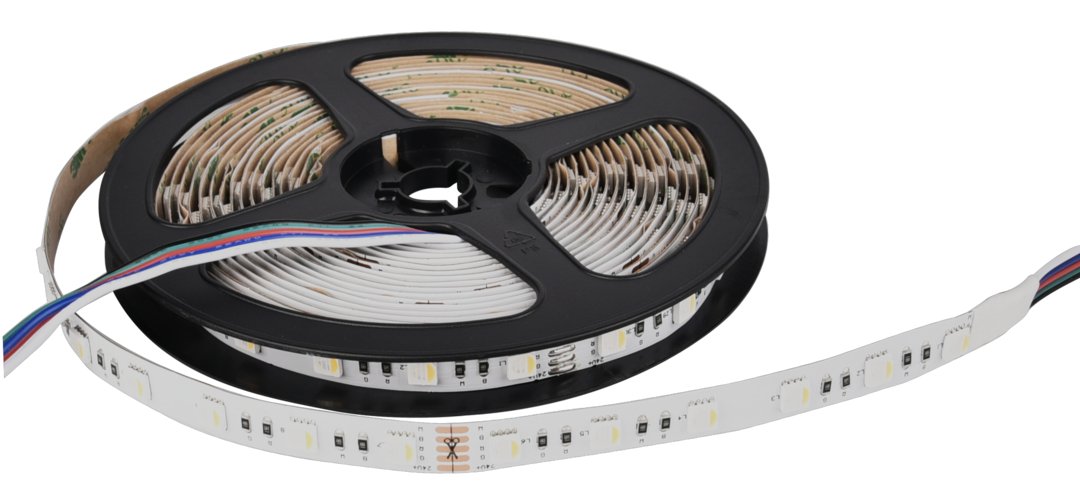 LED-Streifen, RGB und warmweißes Licht, 5 Meter Länge, 60LED/m, 24 V, 10 mm.