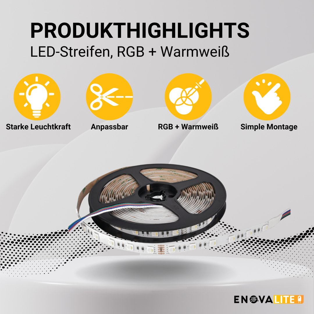 LED-Streifen, RGB und warmweißes Licht, 5 Meter Länge, 60LED/m, 24 V, 10 mm.
