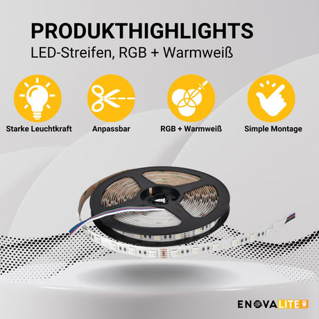 LED-Streifen, RGB und warmweißes Licht, 5 Meter Länge, 60LED/m, 24 V, 10 mm.