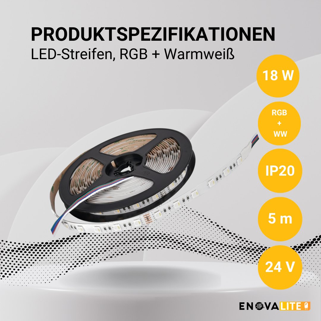 LED-Streifen, RGB und warmweißes Licht, 5 Meter Länge, 60LED/m, 24 V, 10 mm.