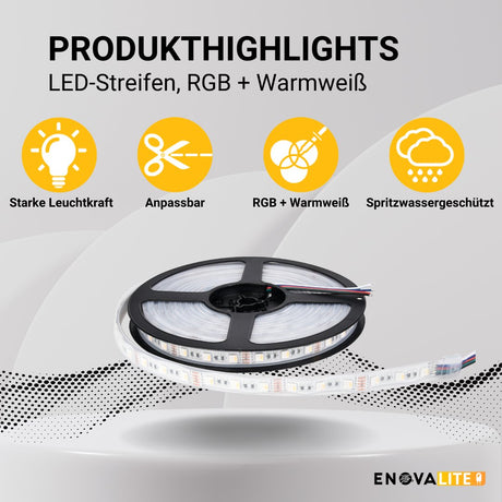 LED-Streifen, RGB und warmweißes Licht, 5 Meter Länge, IP65, 60LED/m, 24 V, 10 mm.
