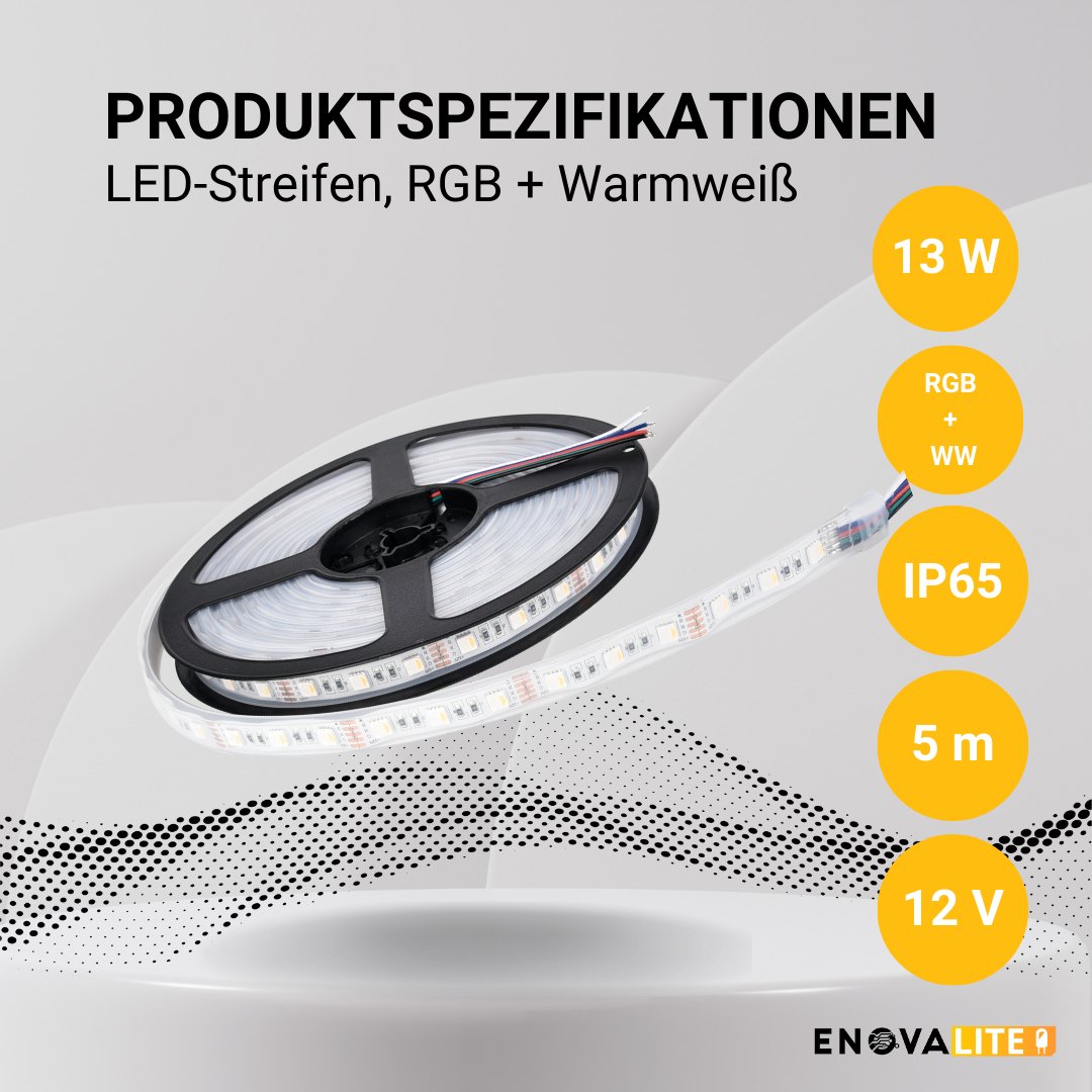 LED-Streifen, RGB und warmweißes Licht, 5 Meter Länge, IP65, 60LED/m, 24 V, 10 mm.