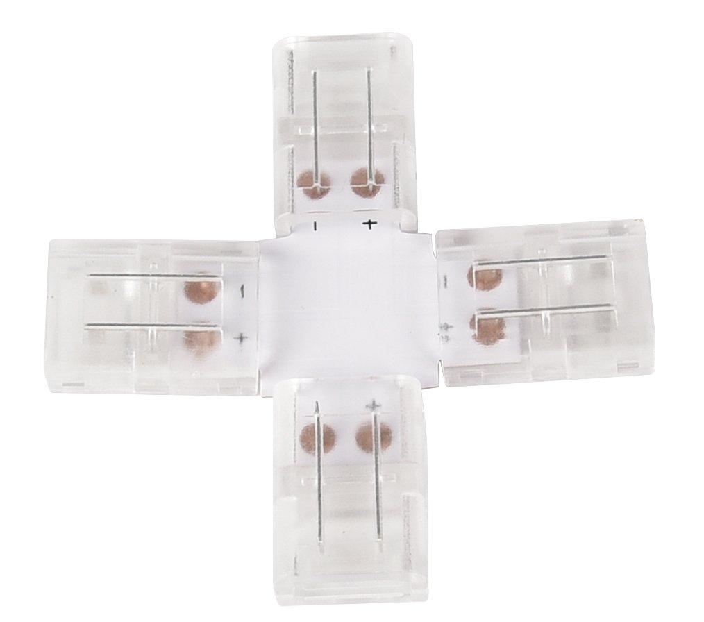 LED-Streifen Verbinder, X-förmig, 2 polig, für 10 mm LED-Streifen geeignet.