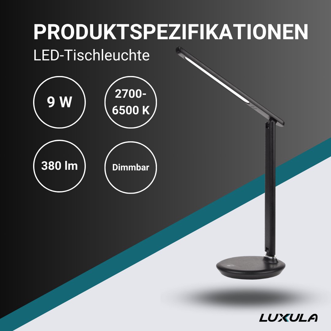 LED-Tischlampe, mit Dimm- und CCT-Funktion, 9 W Leistung, in schwarz  Lichttechnik24.de.