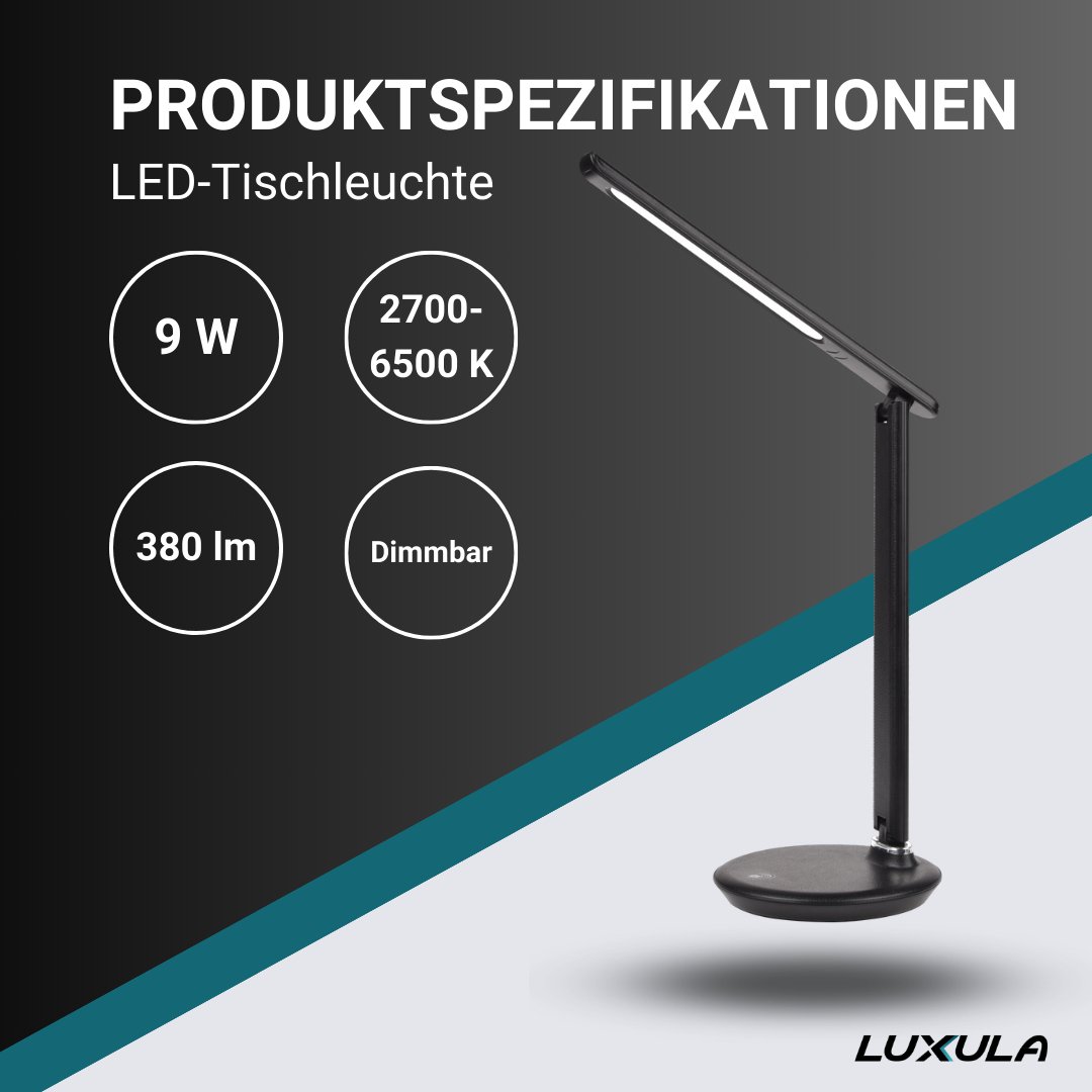 LED-Tischlampe, schwarz, mit Dimm- und CCT-Funktion, 9 W Leistung.