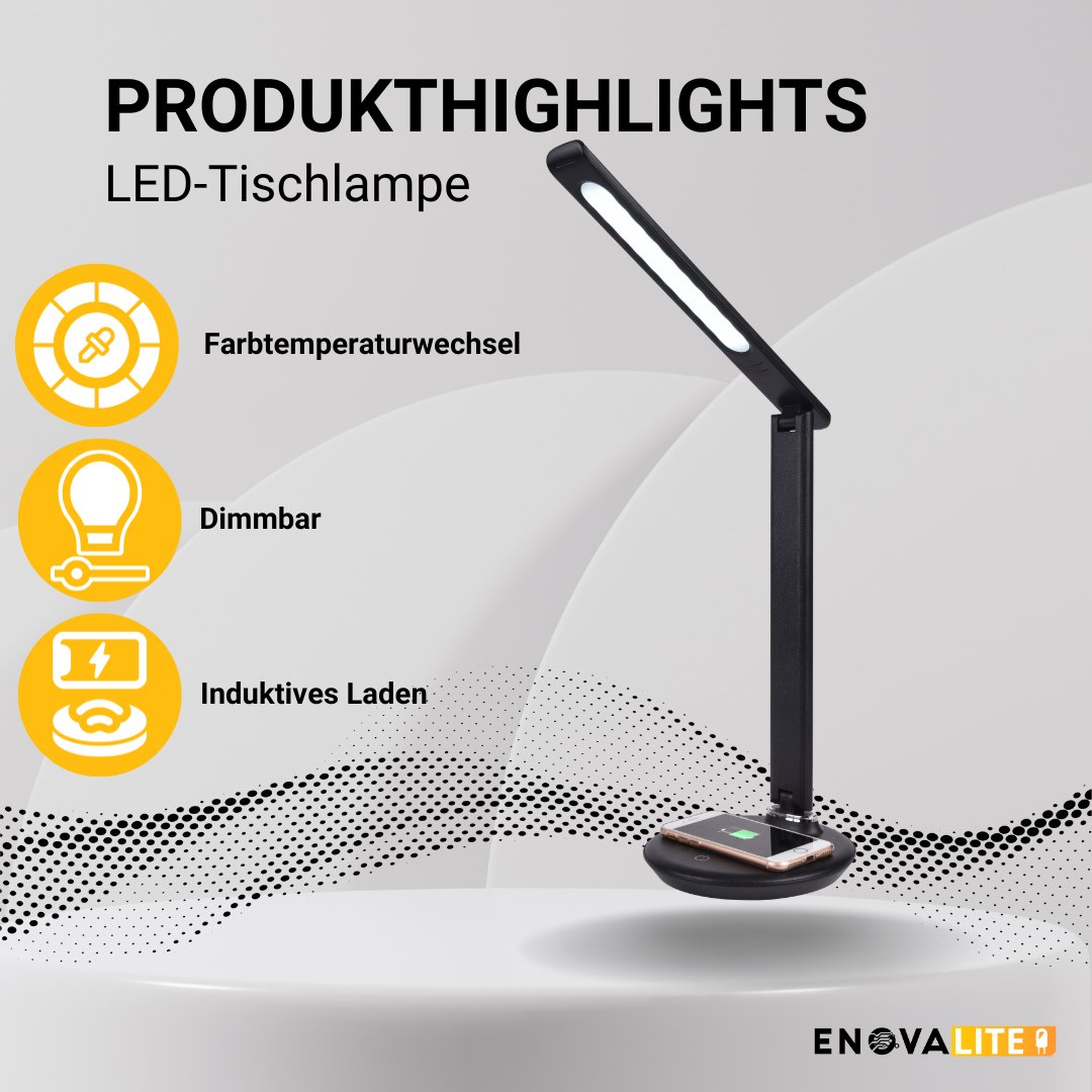 LED-Tischleuchte mit induktiver und USB-Ladestation, Dimm- und CCT-Funktion, 7 W Leistung, in schwarz.