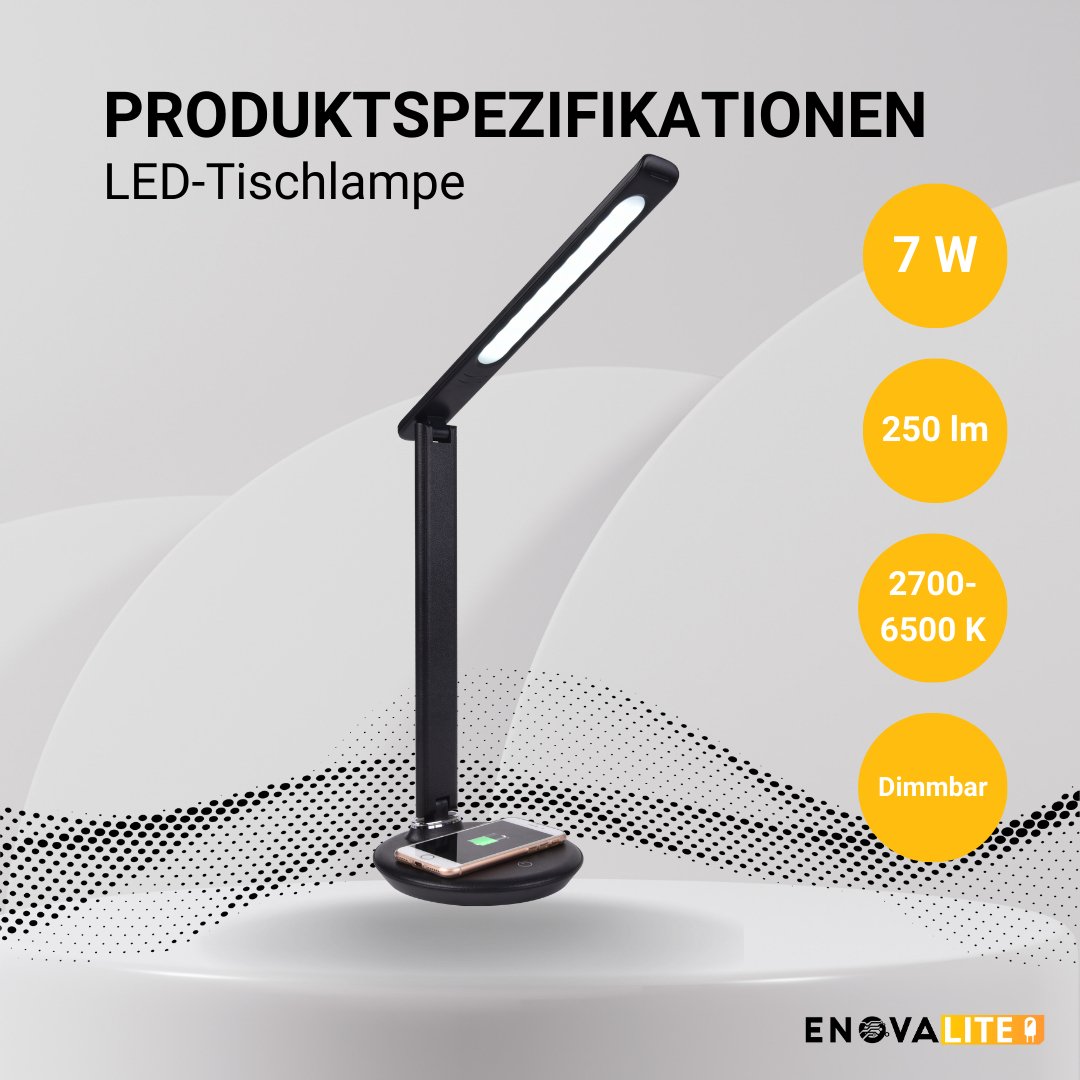 LED-Tischleuchte mit induktiver und USB-Ladestation, Dimm- und CCT-Funktion, 7 W Leistung, in schwarz.
