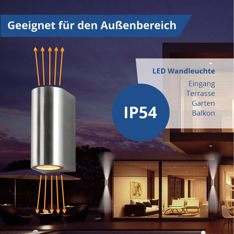 LED Wandleuchte, Aluminium, silber poliert, IP54, 2xGU10, AC220-240V.