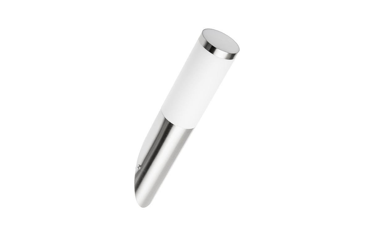 LED Wandleuchte E27, Gartenleuchte schräg, IP54, Edelstahloptik.