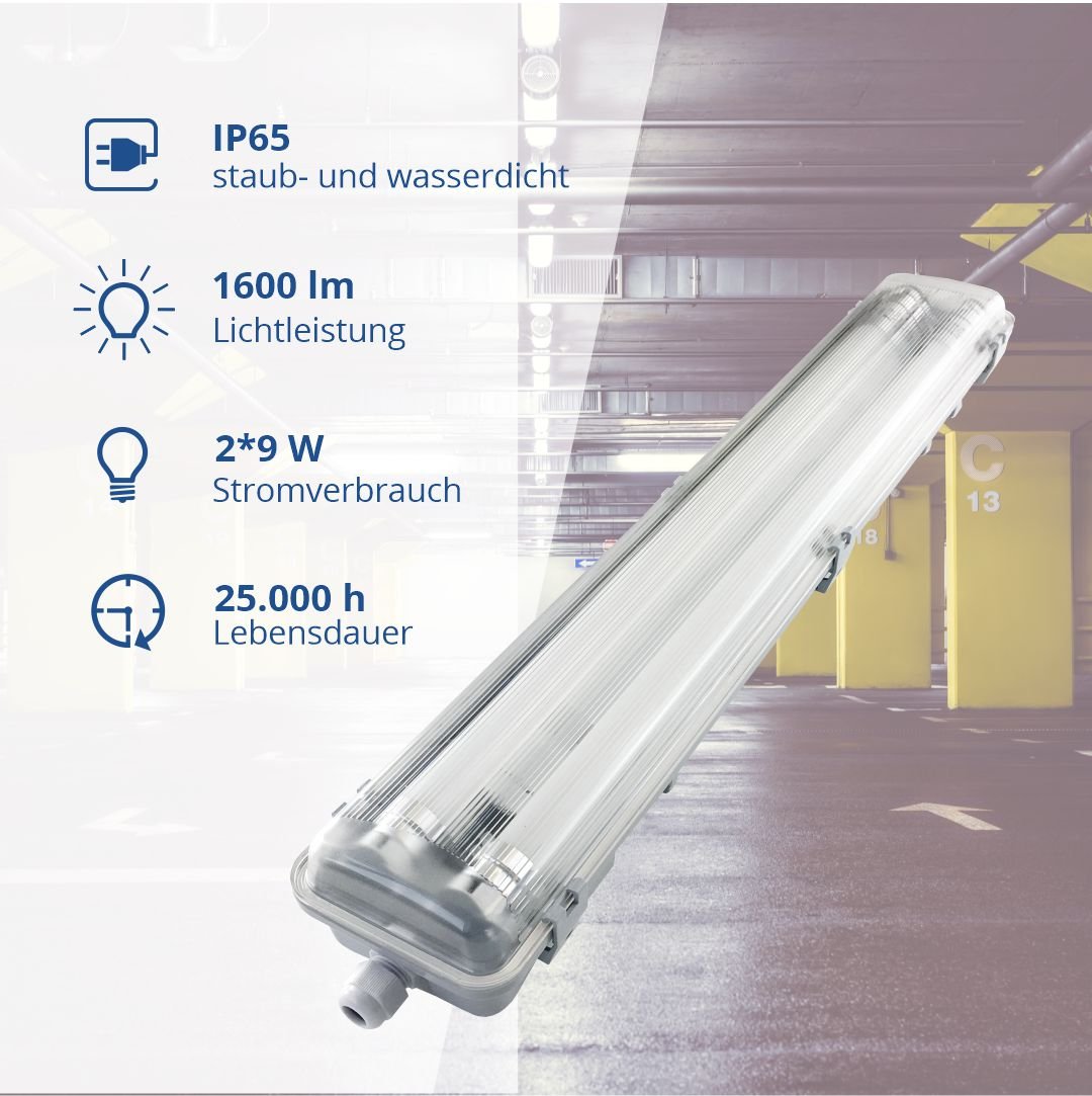 LED-Wannenleuchte, 18 W, 1600 lm, 4500 K, 68,0 cm, IP65, 2 flammig  Lichttechnik24.de.